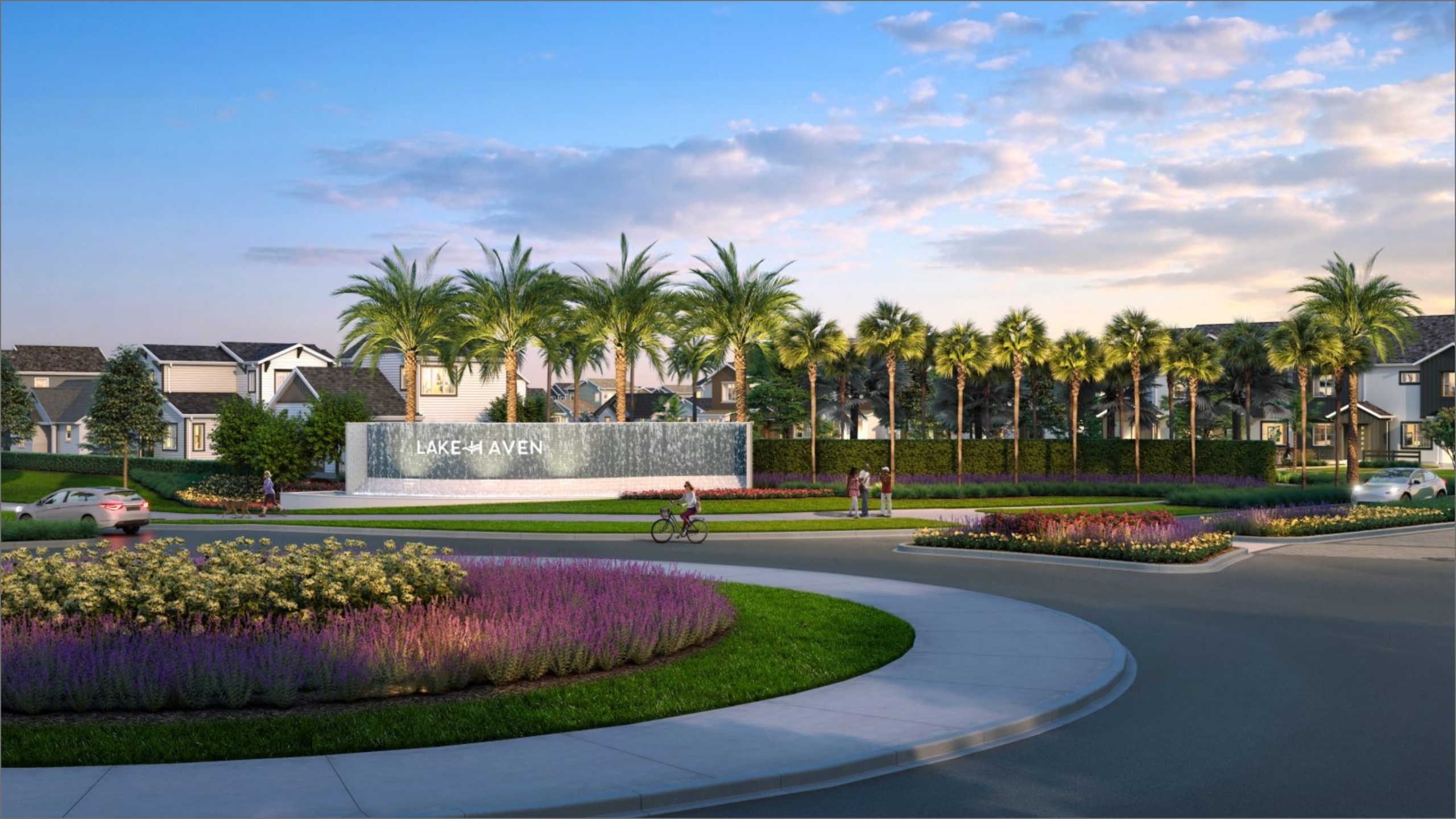 early stage rendering of Lakehaven entrance with roundabout and landscaping