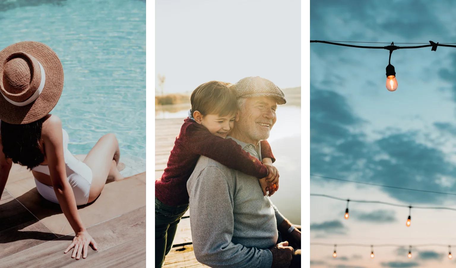 woman sitting by a pool and Photo of grandfather and grandson on a lake dock and string lights at dusk