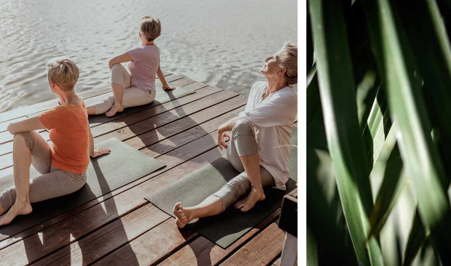 older women doing yoga on a lake dock at sunrise with the sun shining