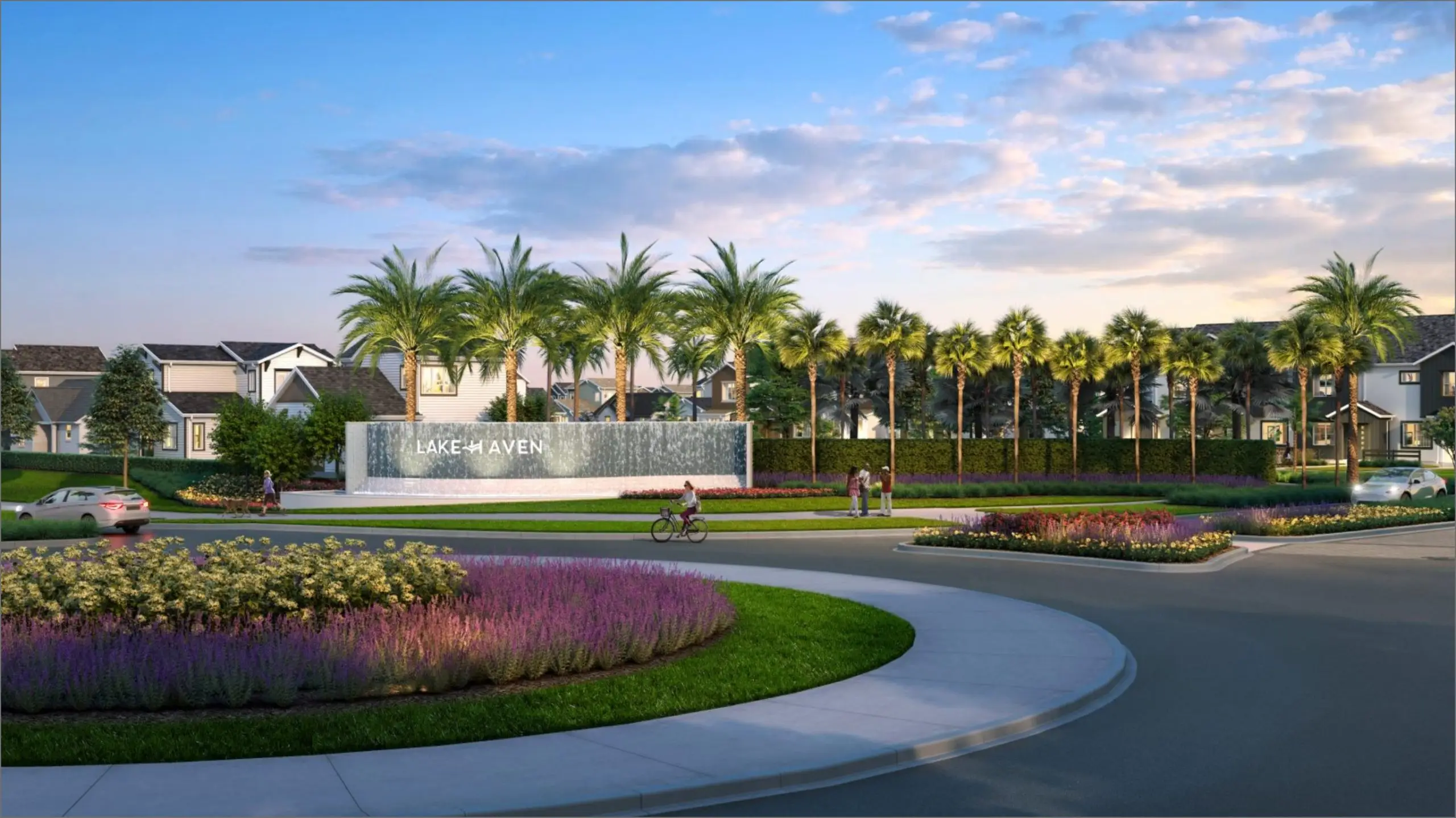 early stage rendering of Lakehaven entrance with roundabout and landscaping